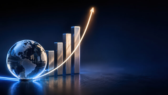Financial growth charts showing globe and rising bars with glowing upward arrow on dark reflective surface