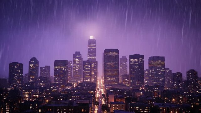 Cinematic night view of a sprawling urban city skyline illuminated by glowing lights during a heavy rainstorm with moody purple atmosphere.