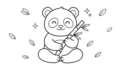 Charming black and white illustration of a cute panda bear happily enjoying a fresh bamboo stalk with whimsical details © MOKTAR