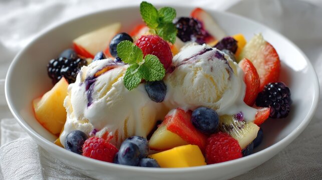 Healthy Fresh Fruit Salad with Creamy Ice Cream, Colorful Mixed Fruits and Refreshing Frozen Dessert)