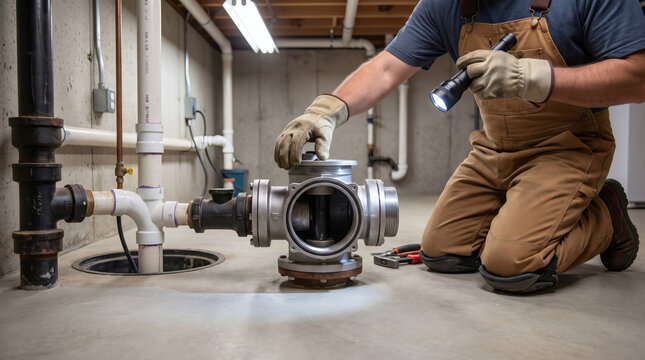 Plumber using flashlight to inspect sewer backflow preventer valve system during residential basement drainage maintenance and flood protection repair service