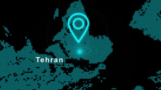 Tehran Iran Capital City Location Pin on Digital World Map Hud - Futuristic Navigation Interface for Travel Logistics & Business Global Tracking Motion Graphics
