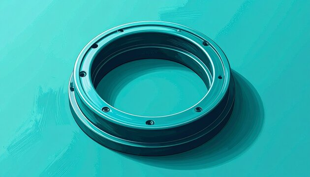 Close up of a metal camera lens ring on teal background.