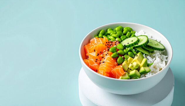 Fresh salmon poke bowl with avocado and edamame on a light blue background