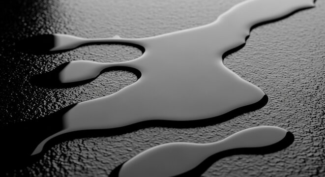 Close-up macro of a dark oil spill creating abstract shapes on a textured surface with dramatic lighting