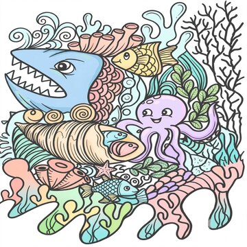 fish, soft pastel underwater doodle art for Nursery with Shark and Octopus