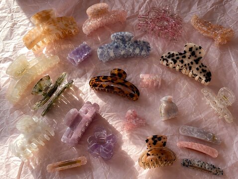 Assortment of colorful plastic hair claw clips and barrettes arranged on a crumpled light pink paper background, with soft natural, lighting shadows