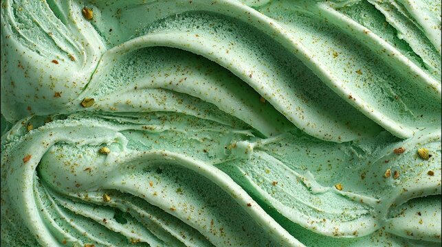 Pistachio ice cream gelato texture background with creamy green frozen dessert, smooth swirled surface, rich pistachio flavor, soft creamy texture)