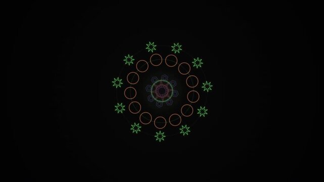 Geometric flower mandala pattern with circular rings animating on dark background