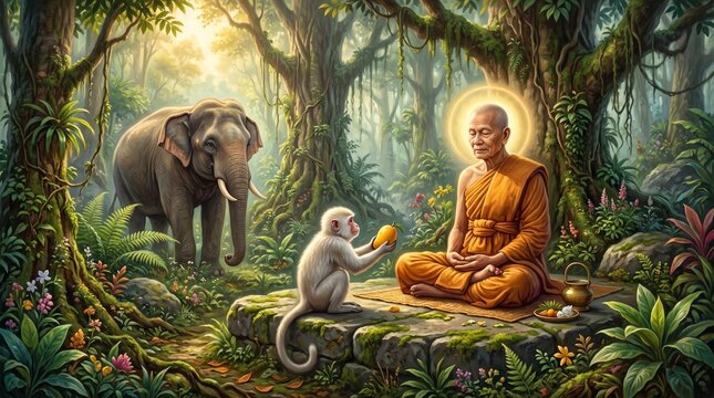 A serene Buddhist monk meditating peacefully in a lush tropical jungle while a playful monkey offers fruit nearby and an elephant stands among the trees. Spiritual harmony, mindfulness, meditation, co