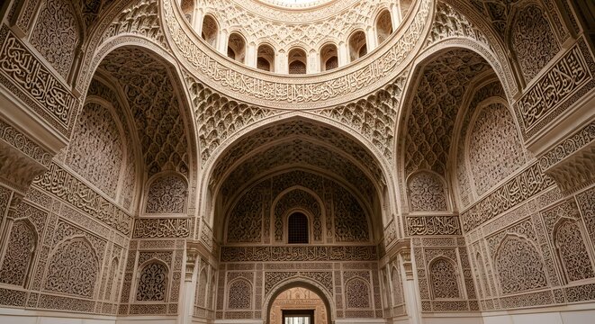 Interior view of the ornate dome and arches inside the historic tomb of Akbar in Sikandra, India.