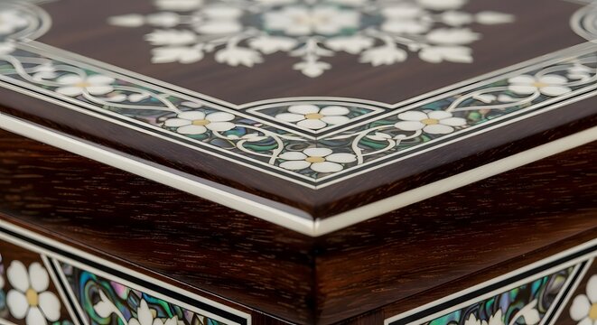 A detailed close-up of an intricately decorated wooden box with mother-of-pearl inlay.