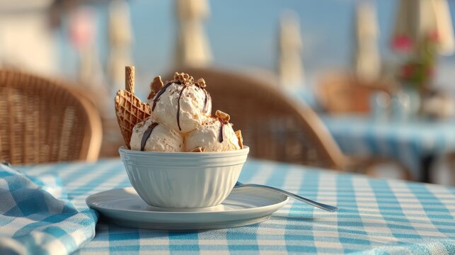 Sweet tasty ice cream scoop served on table, creamy frozen dessert with rich smooth texture, delicious cold treat for summer, refreshing sweet food with appetizing presentation and elegant dessert tab
