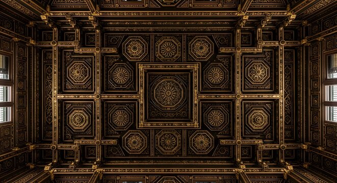 Ornate wooden coffered ceiling with intricate carvings and golden details in an ancient hall.
