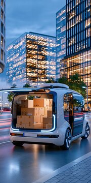 Autonomous electric delivery van parked at night in a business district with side door open, stacked cardboard packages visible inside the cargo area, copy space for text