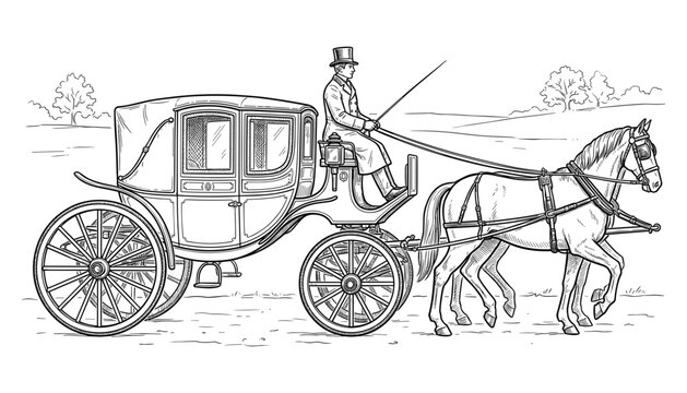 Antique traditional horse drawn carriage driven by coachman engraving style vector illustration historic nineteenth century classic transportation