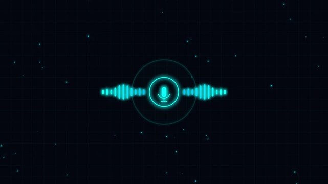 A glowing blue microphone icon with active audio waveform bars on a futuristic digital grid background