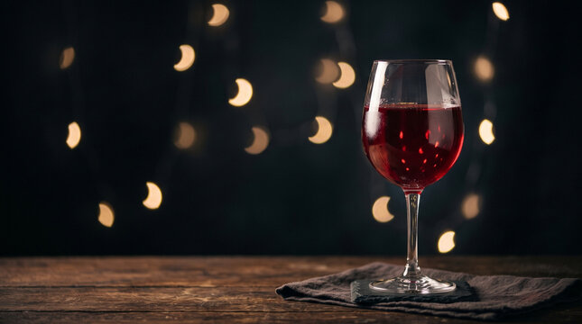 A solitary glass of rich red vintage beverage rests upon a rustic wooden surface while shimmering golden light orbs create a festive and celebratory atmosphere during a quiet winter evening