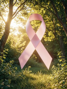 Pale pink awareness ribbon hangs on tree in sunny garden. Symbol of breast cancer support, hope glows in natural daylight. Soft ribbon represents health wellness, female strength amidst green leaves,