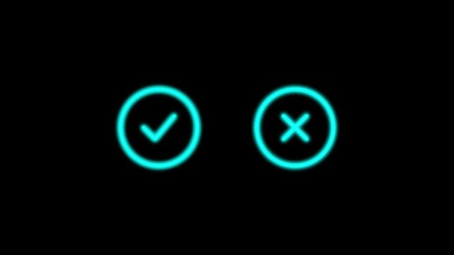 Bright glowing neon blue checkmark and cross symbols representing approval or rejection for user interface design