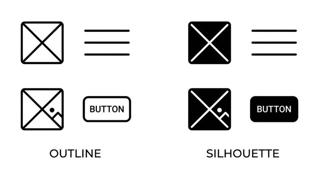 UI Elements Comparison: A clear visual representation comparing 'Outline' and 'Silhouette' user interface elements, including icons and button designs, highlighting design variations.
