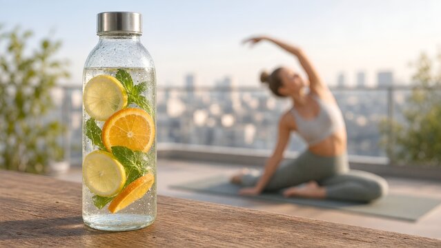 Refreshing Infused Water Bottle with Citrus Slices and Healthy Yoga Practice on Terrace