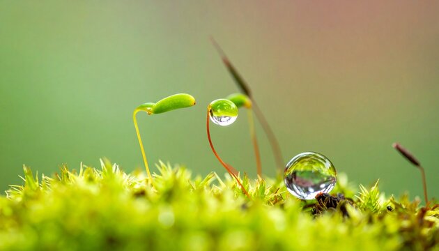 Fresh moss with water droplets and new plant growth.