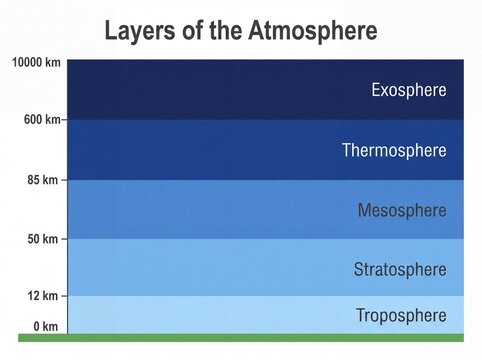 Layers of the atmosphere cross section diagram with altitude markers