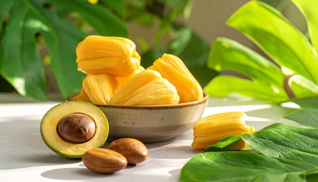 Fresh Jackfruit and Seeds in Wooden Bowl with Leaves.