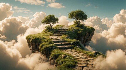Fototapeta premium Surreal fantasy landscape with floating island in sky. Stone pathway leads through green grass, trees above fluffy clouds. Dreamlike aerial view of magical world with sunlight. Peaceful scenery for