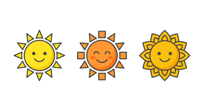 Three cute smiling sun characters in different styles for weather and summer concepts