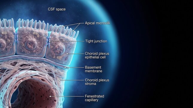 Choroid plexus epithelium with CSF space and fenestrated capillary