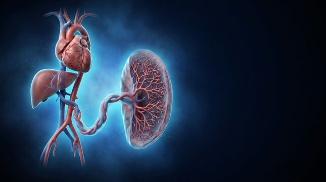 Kidney circulation anatomy showing heart liver and renal blood supply