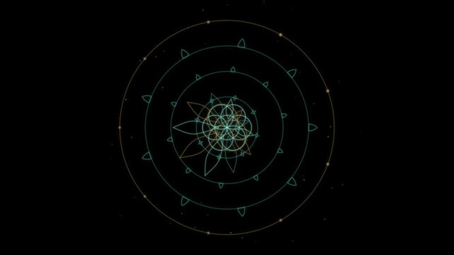 Glowing teal mandala pattern with circular rings and geometric shapes on black background in seamless loop animation