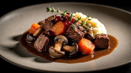 Obraz na płótnie Canvas French beef bourguignon served on matte plate with mashed potatoes. Slow cooked meat stew with carrots, mushrooms, red berries in rich brown gravy. Gourmet dinner meal featuring traditional beef