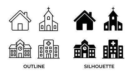 Fototapeta premium Set of Building Icons: A collection of simple vector icons representing different types of buildings, including a house, church, school, and hospital.