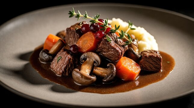 French beef bourguignon served on matte plate with mashed potatoes. Slow cooked meat stew with carrots, mushrooms, red berries in rich brown gravy. Gourmet dinner meal featuring traditional beef