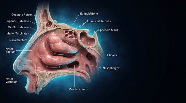 Labeled nasal cavity anatomy with turbinates and paranasal sinuses