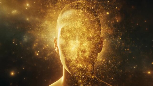 Meditation and Spiritual Awakening with Human Face and Golden Particles
