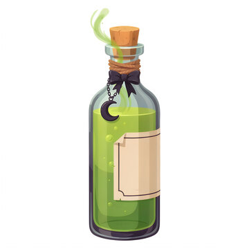 Green potion in glass bottle with moon charm during Halloween with empty label Isolated on transparent background