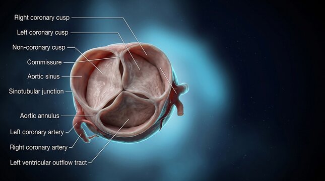 Human aortic valve anatomy showing coronary cusps sinuses annulus and