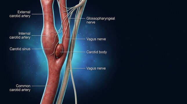 Carotid body and sinus anatomy with carotid arteries vagus and