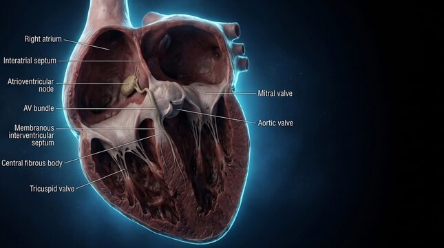 Human heart conduction anatomy showing AV node bundle valves and
