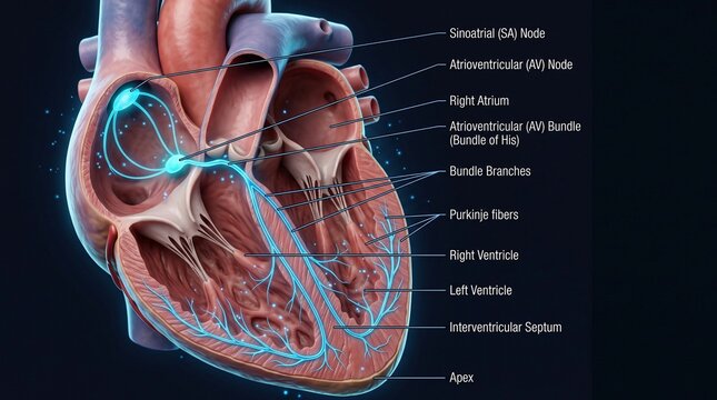 Human cardiac electrical conduction anatomy with SA node AV node His