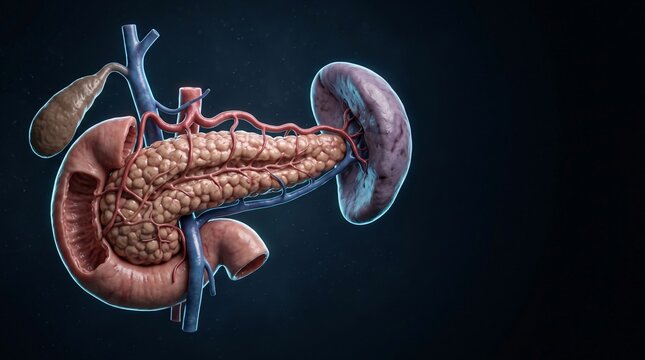 Human pancreas anatomy with spleen duodenum ducts and vascular supply