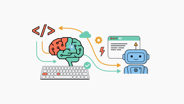 Artificial intelligence concept vector, human brain and robot automation illustration, machine learning and coding technology