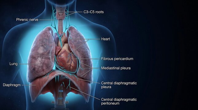 Detailed medical anatomy illustration showing the phrenic nerve course from C3 to C5 roots alongside the heart, lungs, pericardium, pleura and diaphragm