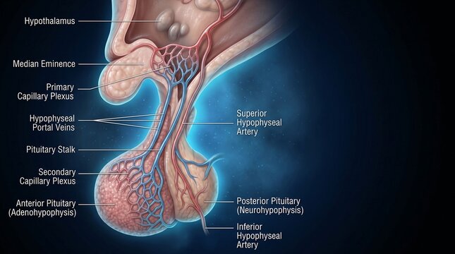 Detailed anatomical illustration of the hypothalamic hypophyseal portal system showing median eminence, pituitary stalk, capillary plexuses and pituitary circulation