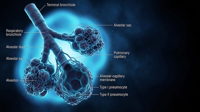 Detailed respiratory anatomy illustration of the terminal and respiratory bronchioles, alveolar ducts, alveolar sacs, capillaries and alveolar capillary membrane