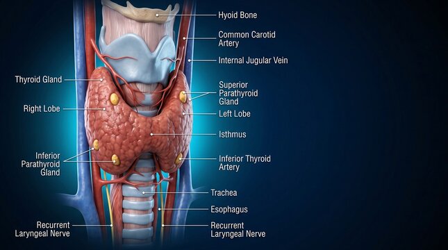 Detailed neck anatomy illustration showing thyroid gland, parathyroid glands, common carotid artery, internal jugular vein, trachea, esophagus and laryngeal nerves